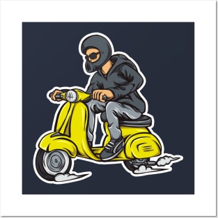 Guy driving on a yellow scooter Posters and Art